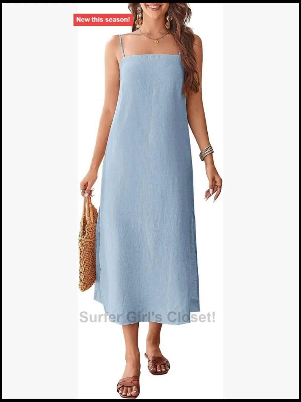 100% Linen Midi Dress Square Neck Sleeveless Spaghetti Strap Relaxed Fit Summer